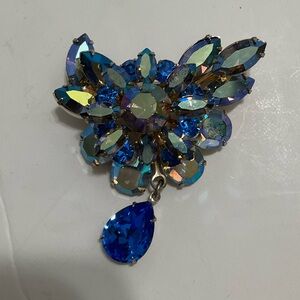Iridescent Blue Floral Crystal Brooch with Blue Teardrop